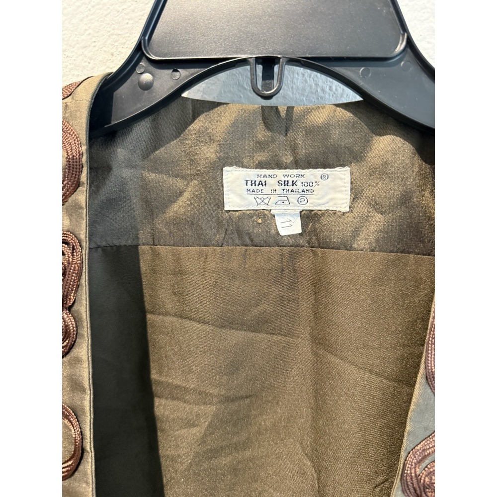 Brown Geometric Woman's Thai Silk Cropped Jacket Design Artisan Handmade Vintage - Picture 3 of 10